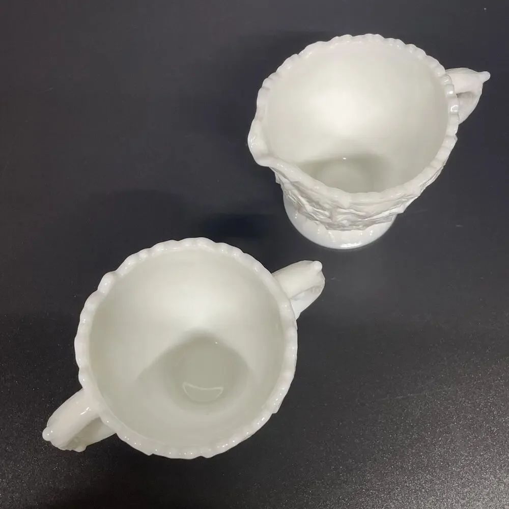 Vtg Westmoreland Milk Glass Sugar & Creamer Set Bramble Maple Leaf Pattern MCM